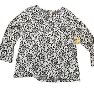 One World Lace Up Knit Sweater Black White Floral Pattern‎ Cozy Plus Size 3X